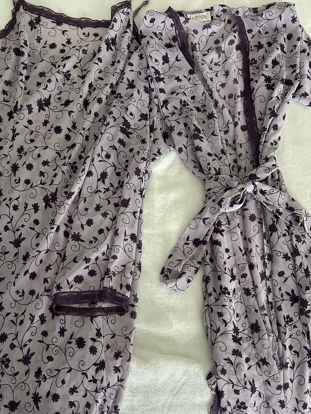 Floral Lace-Trim Lavender Robe and Slip Set